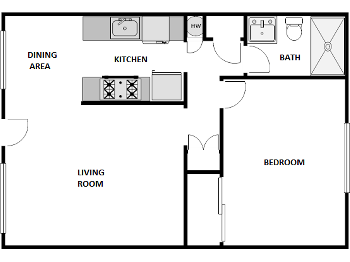 Floor plan for 1 bed, 1 bath, 550 sqft